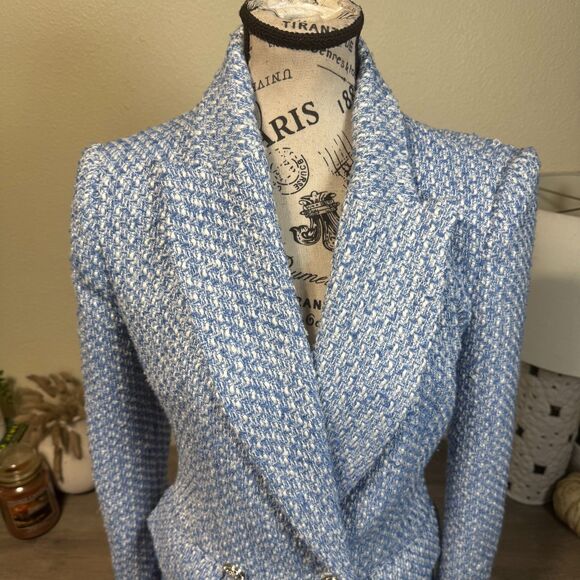 Zara Blue Tweed Double Breasted Boucle Blazer Sz S Blogger Fave Classic Preppy - Picture 3 of 10